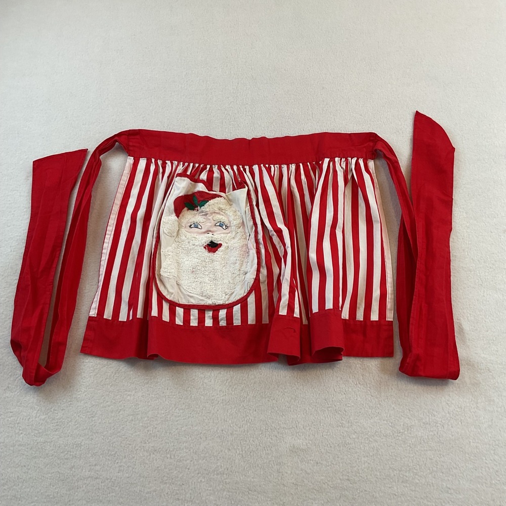 Vintage Handmade Christmas Santa Claus Half Apron Red White Striped Pocket